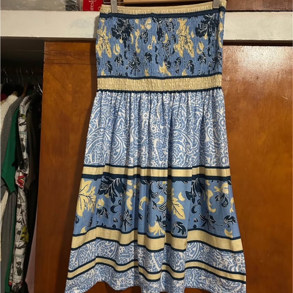 Floral Blue and Yellow Strapless Dress
